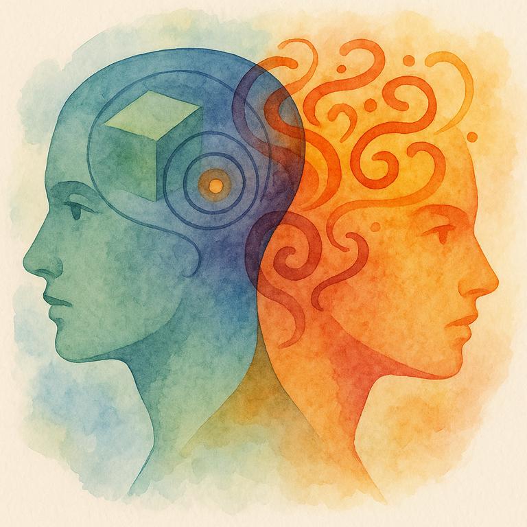 Zwei abstrahierte, sich überlappende menschliche Profile in Aquarelloptik. Die linke Hälfte in kühlen Blau- und Grüntönen mit geometrischen Formen symbolisiert Autismus, die rechte in warmen Orange- und Rottönen mit verspielten Mustern steht für ADHS. In der Mitte mischen sich die Farben zu einem lila Übergang – ein Sinnbild für AuDHD.