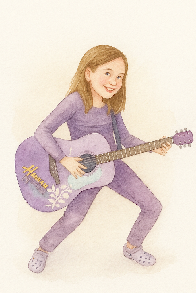 Leben mit AuDHD: Kinderfoto als Aquarellzeichnung der Autorin mit knapp 10 Jahren. Sie posiert wie ein Rockstar mit ihrer Hannah Montana Gitarre.