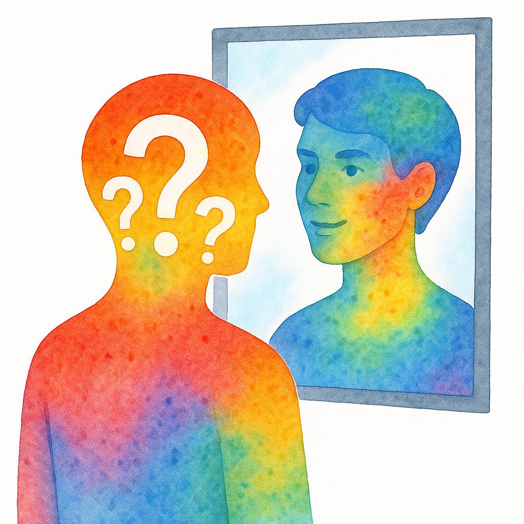 Aquarellillustration einer Person mit buntem Farbverlauf und Fragezeichen im Kopf, die in einen Spiegel blickt. Die Spiegelung zeigt dieselbe Person ruhig und klar – als Symbol für Selbstfindung nach ADHS- oder Autismus-Diagnose im Erwachsenenalter.