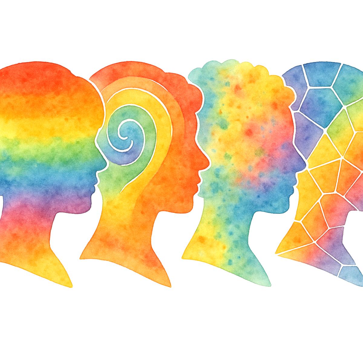 Vier stilisierte menschliche Kopfprofile in Aquarelloptik, jeweils in unterschiedlichen regenbogenfarbenen Mustern gestaltet – symbolisieren Vielfalt neurodivergenter Wahrnehmung und Denkweisen.