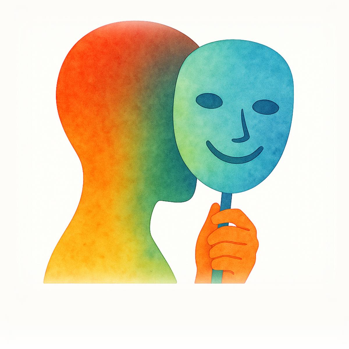 Illustration im Aquarellstil: Eine regenbogenfarbene Person mit neutraler Mimik trägt eine Maske, die ein lächelndes Gesicht zeigt – Symbol für Masking bei Autismus und die Diskrepanz zwischen äußerem Verhalten und innerem Erleben.