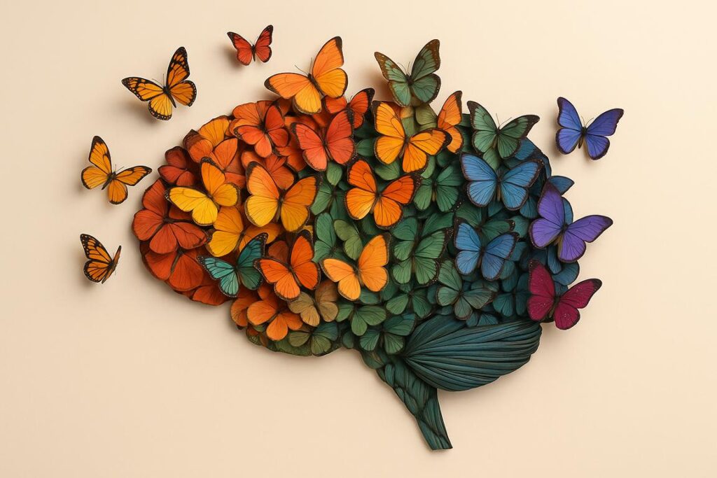 Illustration eines menschlichen Gehirns, das aus bunten Schmetterlingen in Regenbogenfarben besteht; Symbol für Neurodivergenz, neurologische Vielfalt und Diversität.