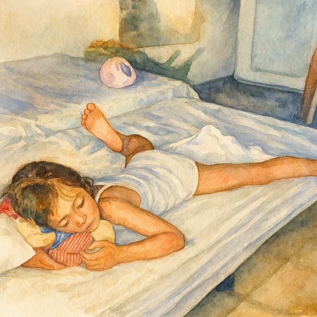 Burnout bei Autismus: Aquarellzeichnung eines Kinderfotos von Marlene. Sie liegt schlafend auf dem Bauch in einem Bett mit ihren Kuscheltieren als Kopfkissenersatz.