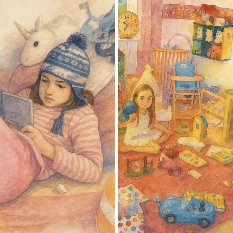 Erfahrungen mit AuDHD: Collage aus zwei Kinderfotos von Marlene als Aquarellzeichnung. Auf dem linken Bild trägt sie eine Wollmütze und spielt auf ihrem Nintendo. Auf dem rechten Bild sitzt sie in ihrem unordentlichen Kinderzimmer.