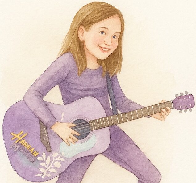 Leben mit AuDHD: Aquarellzeichnung eines Kinderfots von Marlene, auf dem sie mit ihrer Hannah Montana Gitarre posiert.