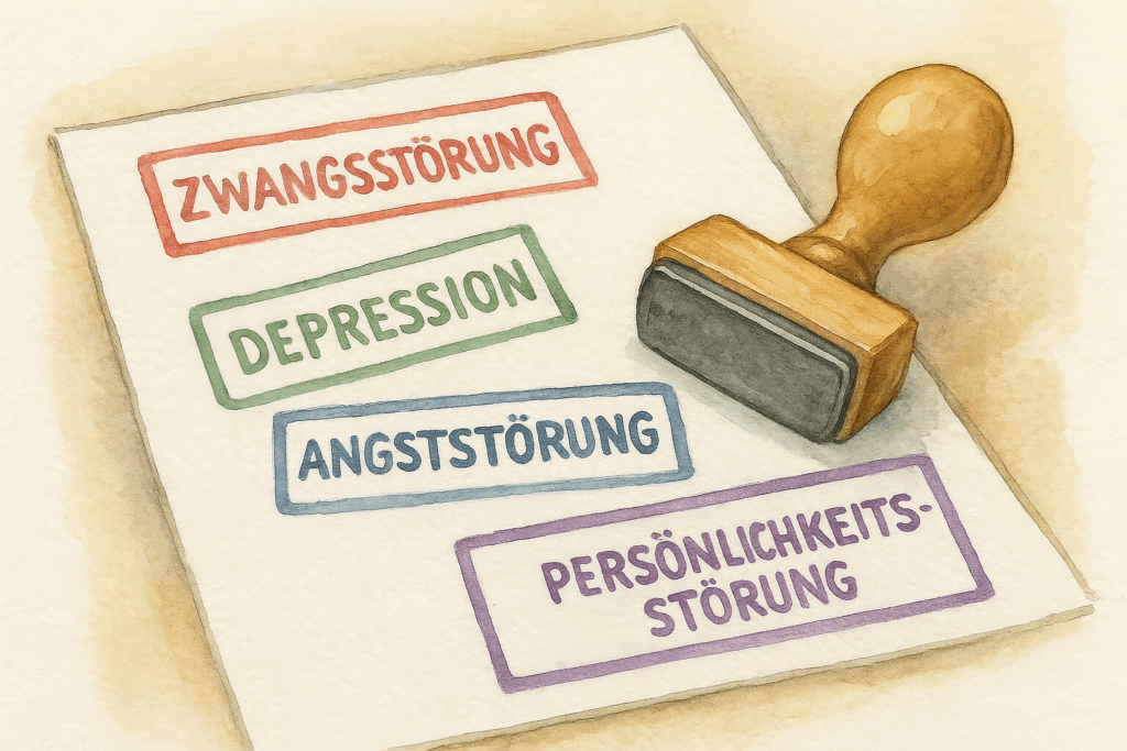 Aquarellillustration zeigt ein Papier mit mehreren diagnostischen Stempeln: „Depression“, „Angststörung“, „Zwang“, „Persönlichkeitsstörung“. Symbolisiert die Praxis, bei nicht erkannten Autismus-Fällen alternative Diagnosen zu vergeben, die Symptome beschreiben, aber keine zusammenhängende Erklärung bieten.