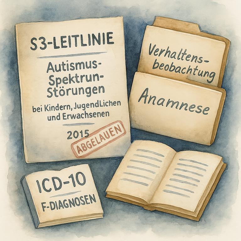 Aquarellillustration zeigt zwei geöffnete Mappen mit den Aufschriften „Verhaltensbeobachtung“ und „Anamnese“ – symbolisiert die unterschiedlichen diagnostischen Elemente bei der Autismus-Diagnose gemäß S3-Leitlinie in Deutschland.