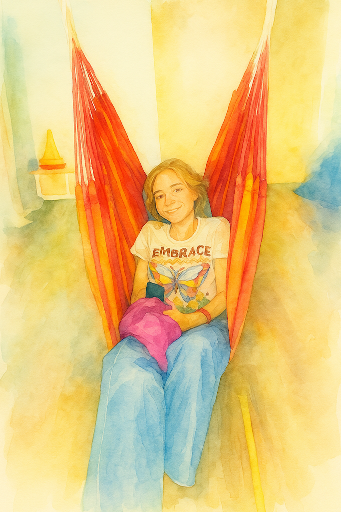 Unmasking: Aktuelles Foto der Autorin als Aquarellzeichnung in einer Hängematte. Sie trägt ein T-Shirt mit der Aufschrift "Embrace Neurodiversity ".