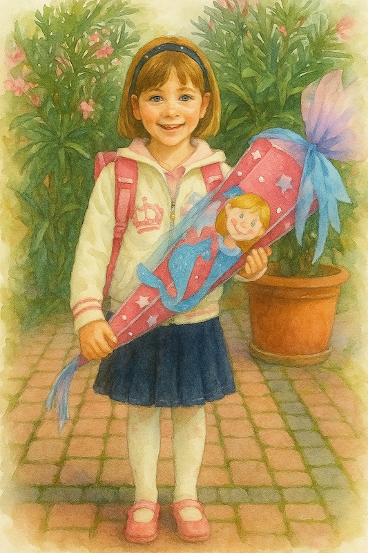 Masking und Identität: Zu sehen ist ein ein Foto der Autorin an ihrer Einschulung als Aquarellzeichnung. Sie lächelt in die Kamera und präsentiert ihre Schultüte. Sie trägt ein Röckchen mit Strumpfhose und einer bestickten Strickjacke, dazu Ballerinas und ein Haarband.