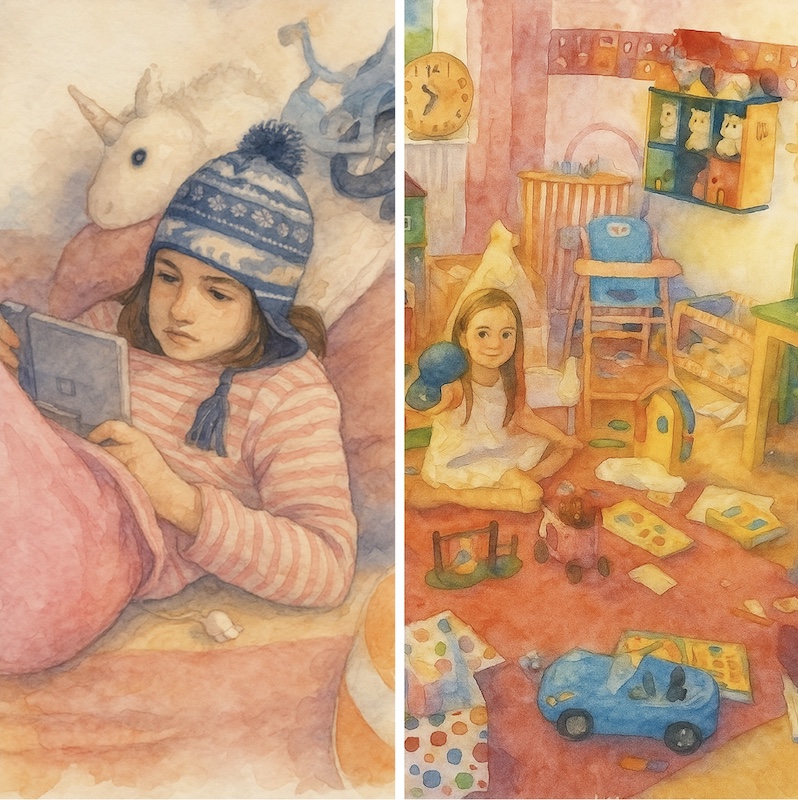 Erfahrungen mit AuDHD: Collage aus zwei Aquarellzeichnungen von Kinderfotos der Autorin. Auf dem linken Foto mit ca. 9 Jahren trägt sie eine Wollmütze in ihrem Kinderzimmer und spielt dabei Nintendo. Auf dem rechten Foto mit ca. 5 Jahren sitzt sie in ihrem unordentlichen Kinderzimmer und spielt.