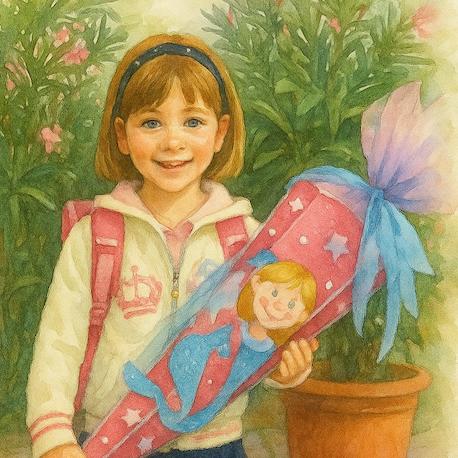 Masking und Identität: Zu sehen ist ein ein Foto von Marlene an ihrer Einschulung als Aquarellzeichnung. Sie lächelt in die Kamera und präsentiert ihre Schultüte. Sie trägt ein Röckchen mit Strumpfhose und einer bestickten Strickjacke, dazu Ballerinas und ein Haarband.