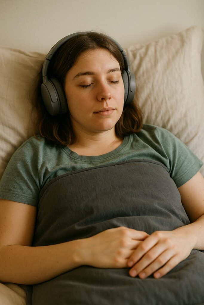 Junge Frau mit Noise-Cancelling-Kopfhörern liegt entspannt mit Gewichtskissen im Bett; Symbol für Selbstfürsorge und Reizmanagement im Rahmen von Unmasking und Sichtbarwerdung bei Autismus.