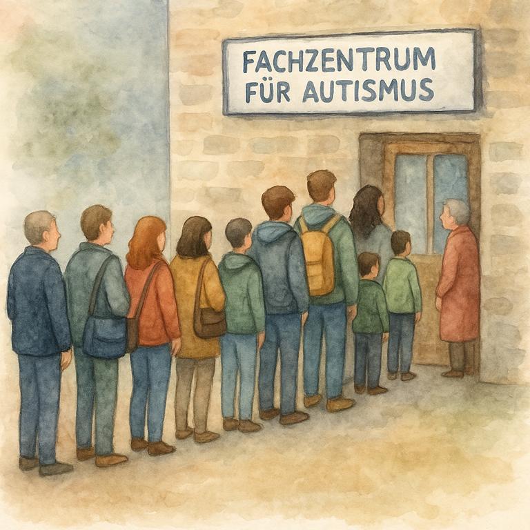 Aquarellillustration zeigt eine lange Warteschlange von Menschen vor einem Fachzentrum für Autismus. Symbolisiert die strukturelle Unterversorgung, lange Wartezeiten und begrenzte Zugänge zur Autismus-Diagnostik im deutschen Gesundheitssystem.