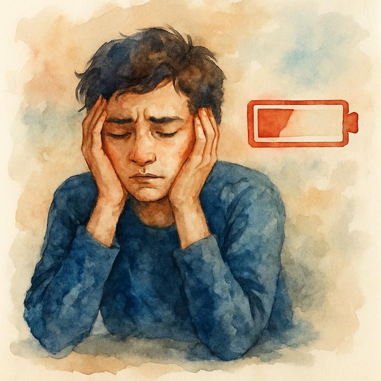 Aquarellillustration einer erschöpften Person mit geschlossenen Augen und den Kopf in den Händen, daneben ein fast leerer, roter Akku als Symbol für Erschöpfung bei autistischem Burnout
