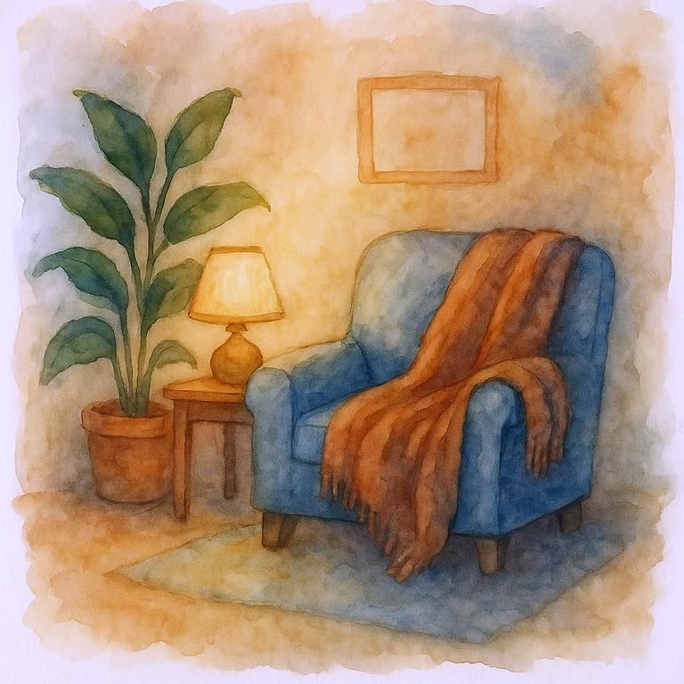 Aquarellillustration eines gemütlichen Zimmers mit blauem Sessel, brauner Decke, Tischlampe und grüner Topfpflanze – warme, beruhigende Atmosphäre ohne Personen. Symbol für Erholung, Ruhe und Reizreduktion bei autistischem Burnout.