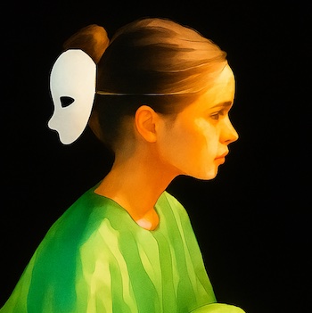 Therapieerfahrungen Autismus: Aquarellzeichnung eines Fotos von Marlene während einer Theateraufführung. Sie trägt ein grünes Gewand und hat eine Plastikmaske auf dem Hinterkopf sitzen. Das bild zeigt ihr Portrait.