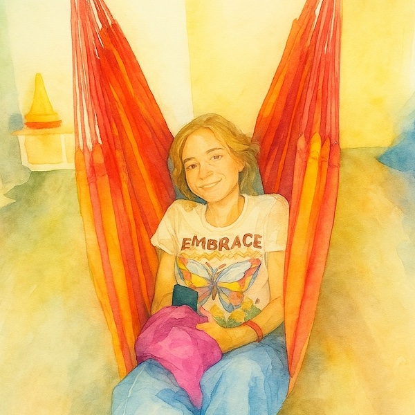 Unmasking Erfahrungen: Aquarellzeichnung eines Fotos von Marlene. Sie sitzt in einem Hängesessel bei ihrer Ergotherapeutin und hat ihre Hilfsmittel und Fidgets in der Hand