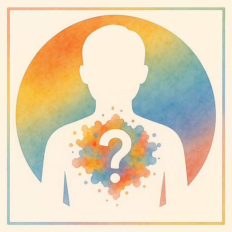 Aquarellzeichnung einer geschlechtsneutralen Person mit ausdruckslosem Gesicht. Im Brustbereich vermischen sich chaotisch viele bunte Farben und ein Fragezeichen. Symbolisiert Alexithymie – die Schwierigkeit, eigene Gefühle zu erkennen und zu benennen.