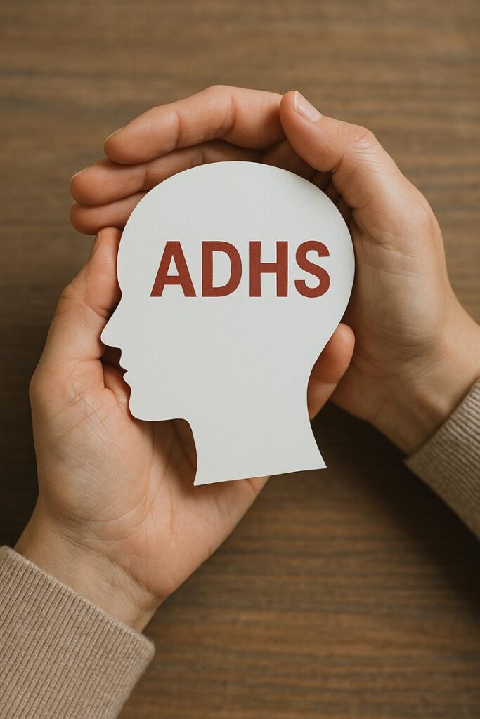 Zwei erwachsene Hände halten ein weißes Papiersymbol in Form eines menschlichen Kopfes mit der Aufschrift ‚ADHS‘ – symbolische Darstellung neurobiologischer Besonderheiten bei Erwachsenen.