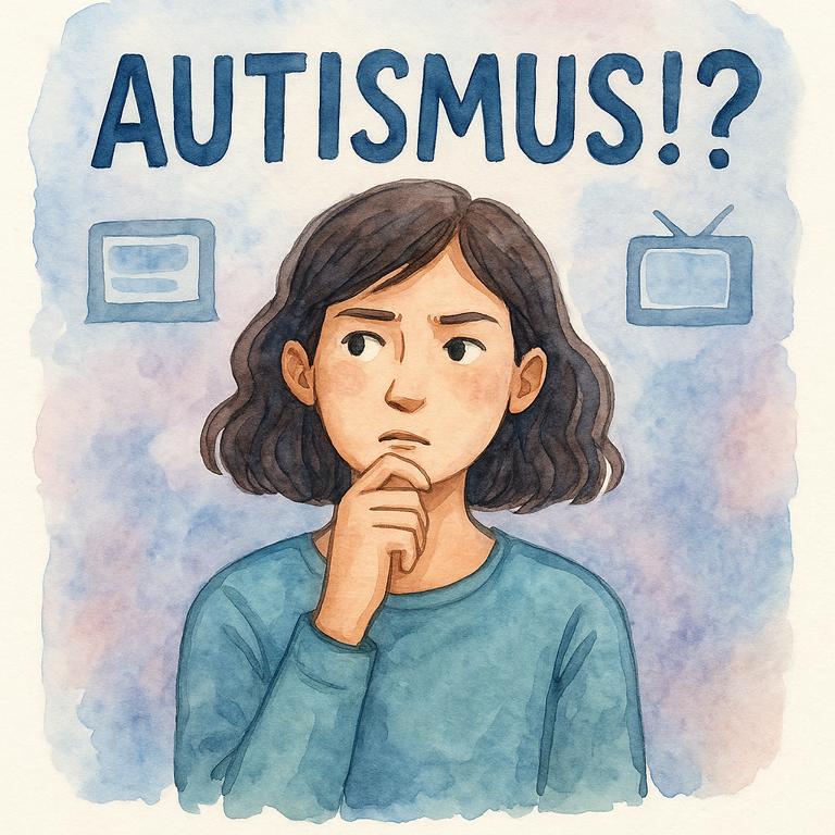 Aquarellillustration einer nachdenklichen Person, die aus einem sanft strukturierten Hintergrund hervorgehoben ist. Um sie herum schweben abstrahierte Symbole wie Fragezeichen, offene Bücher und Gedankenblasen. Im Zentrum steht der Schriftzug „Autismus!?“ in handschriftlicher, leicht unruhiger Schrift. Die Szene vermittelt Unsicherheit und beginnende Selbstreflexion bei einer möglichen Autismus-Diagnose