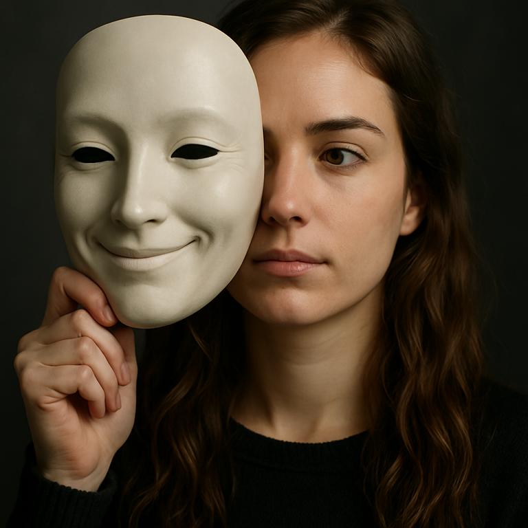 Junge Frau mit ernstem Blick hält eine weiß lächelnde Maske vor ihr Gesicht vor dunklem Hintergrund. Symbolbild für Masking bei Autismus.