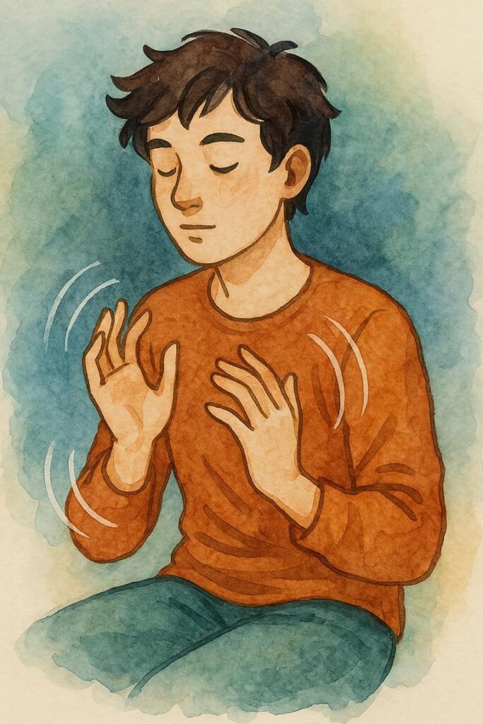 Aquarell-Illustration einer stimmenden Person mit geschlossenen Augen, die ruhig mit den Händen wippt – visuelle Darstellung von Stimming als Form autistischer Selbstregulation.