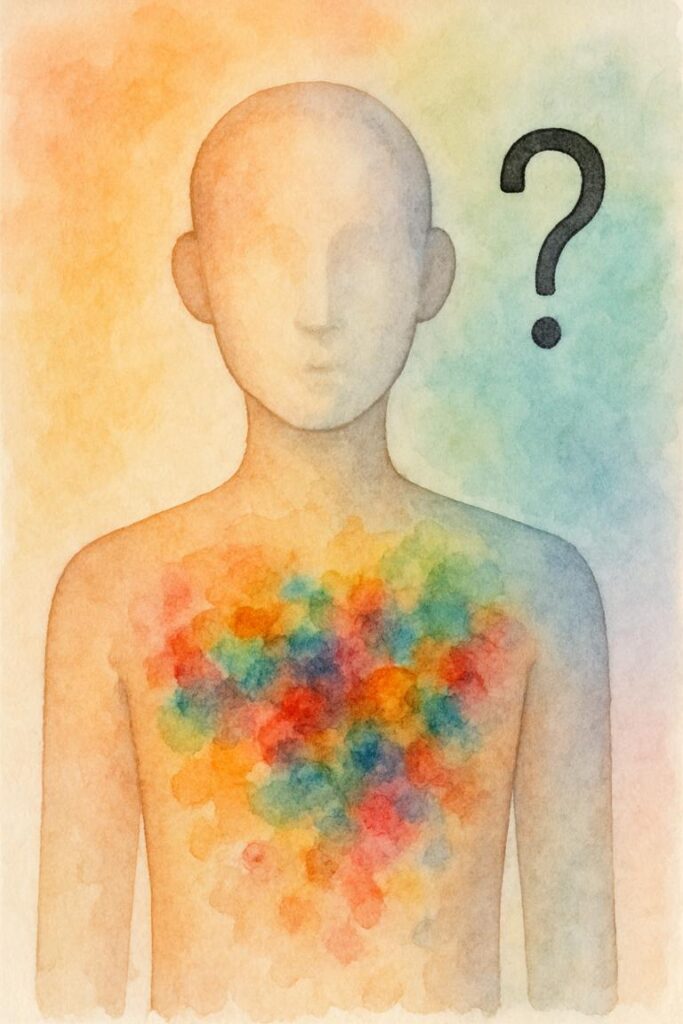 „Aquarellzeichnung einer geschlechtsneutralen Person mit ausdruckslosem Gesicht. Im Brustbereich vermischen sich chaotisch viele bunte Farben. Neben dem Kopf steht ein schwarzes Fragezeichen. Symbolisiert Alexithymie – die Schwierigkeit, eigene Gefühle zu erkennen und zu benennen.“