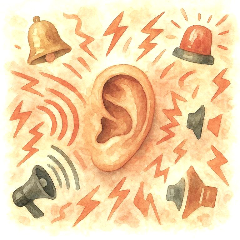 Reizverarbeitung bei Autismus: Auditive Reize können sich schnell aufsummieren und wirken überfordernd, besonders in Umgebungen mit vielen verschiedenen Geräuschquellen. Aquarellgemälde.