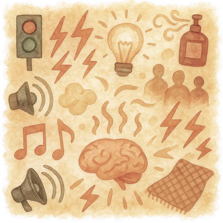 Reizverarbeitung bei Autismus: Viele Reize können sich schnell aufsummieren und wirken überfordernd, besonders in multisensorischen Umgebungen. Aquarellgemälde.