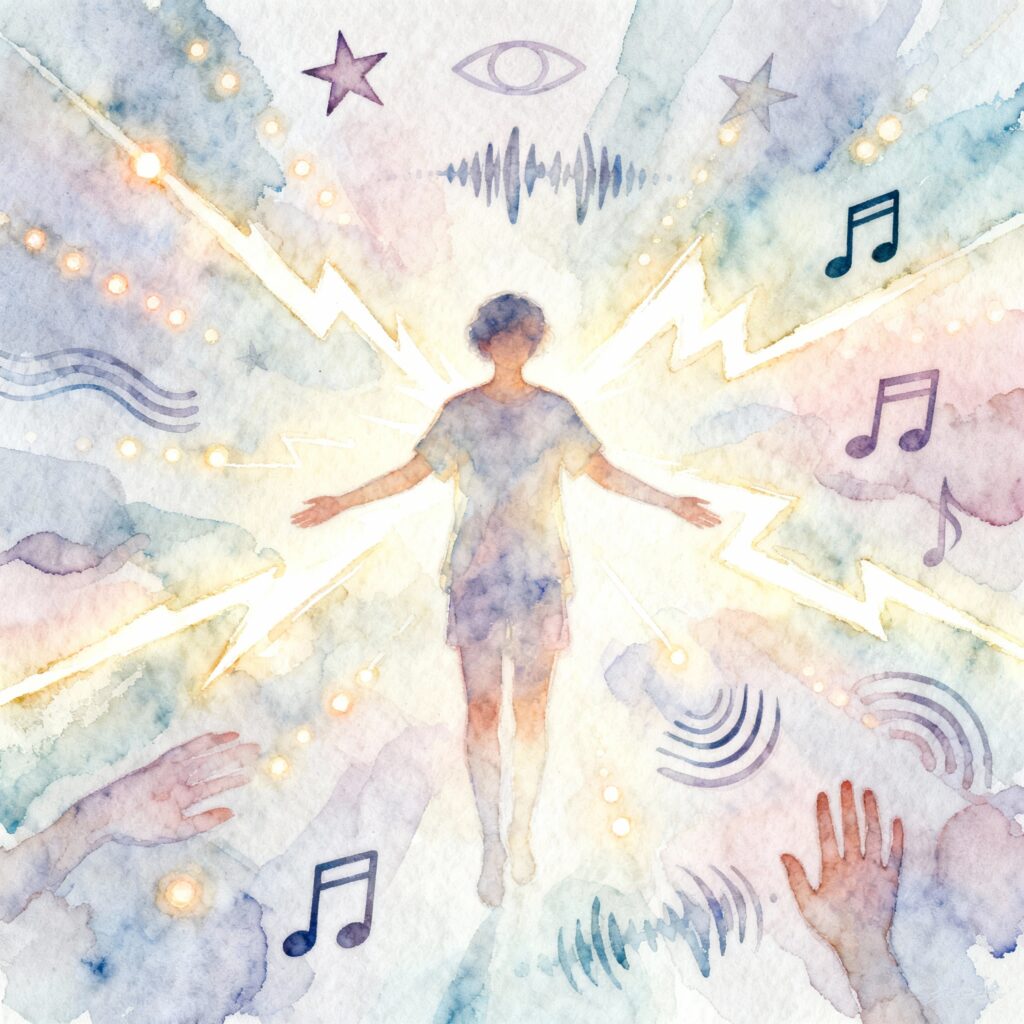 Reizverarbeitung bei Autismus: Sensorische Reize werden anders verarbeitet als in einem neurotypischen Gehirn. Hier abgebildet die fünf Sinne (Sehen, Fühlen, Riechen, Schmecken, Hören) und ihre Verbindung zum Gehirn als Aquarellgemälde.