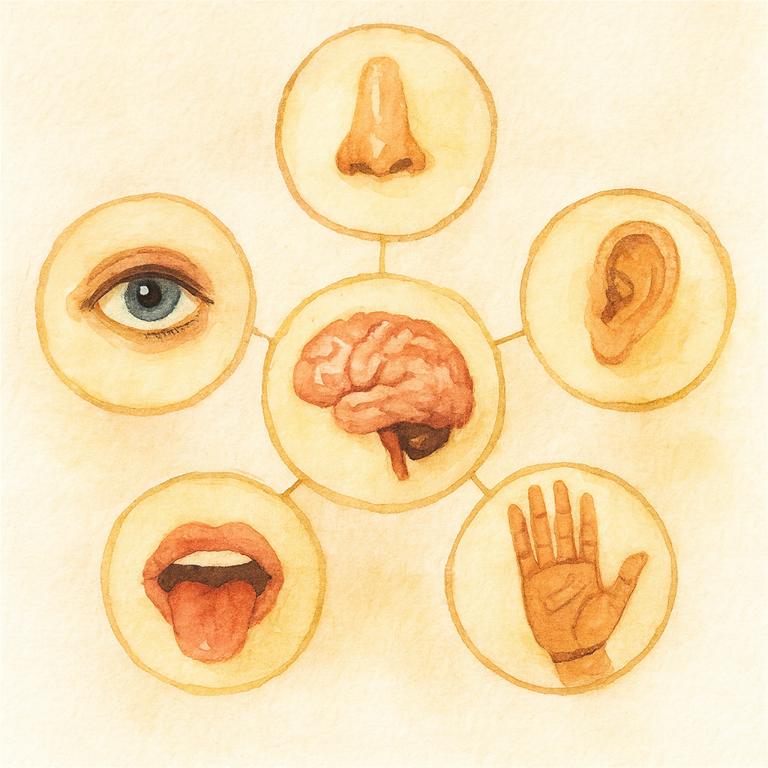 Reizverarbeitung bei Autismus: Sensorische Reize werden anders verarbeitet als in einem neurotypischen Gehirn. Hier abgebildet die fünf Sinne (Sehen, Fühlen, Riechen, Schmecken, Hören) und ihre Verbindung zum Gehirn als Aquarellgemälde.