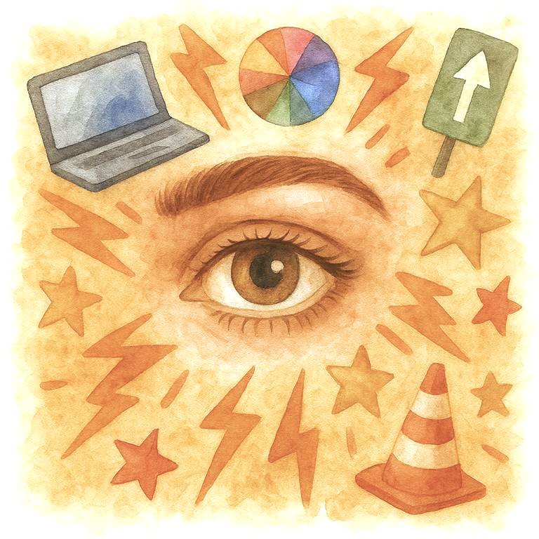 Reizverarbeitung bei Autismus: Visuelle Reize können sich schnell aufsummieren und wirken überfordernd, besonders in Umgebungen mit vielen verschiedenen visuellen Reizen. Aquarellgemälde.