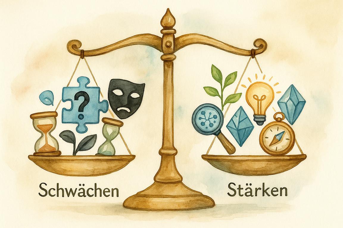 Aquarellbild: Eine stilisierte Waage, links Symbole für Herausforderungen bei Autismus (Maske, Sanduhr), rechts Symbole für autistische Stärken (Kristall, Glühbirne, Pflanze)