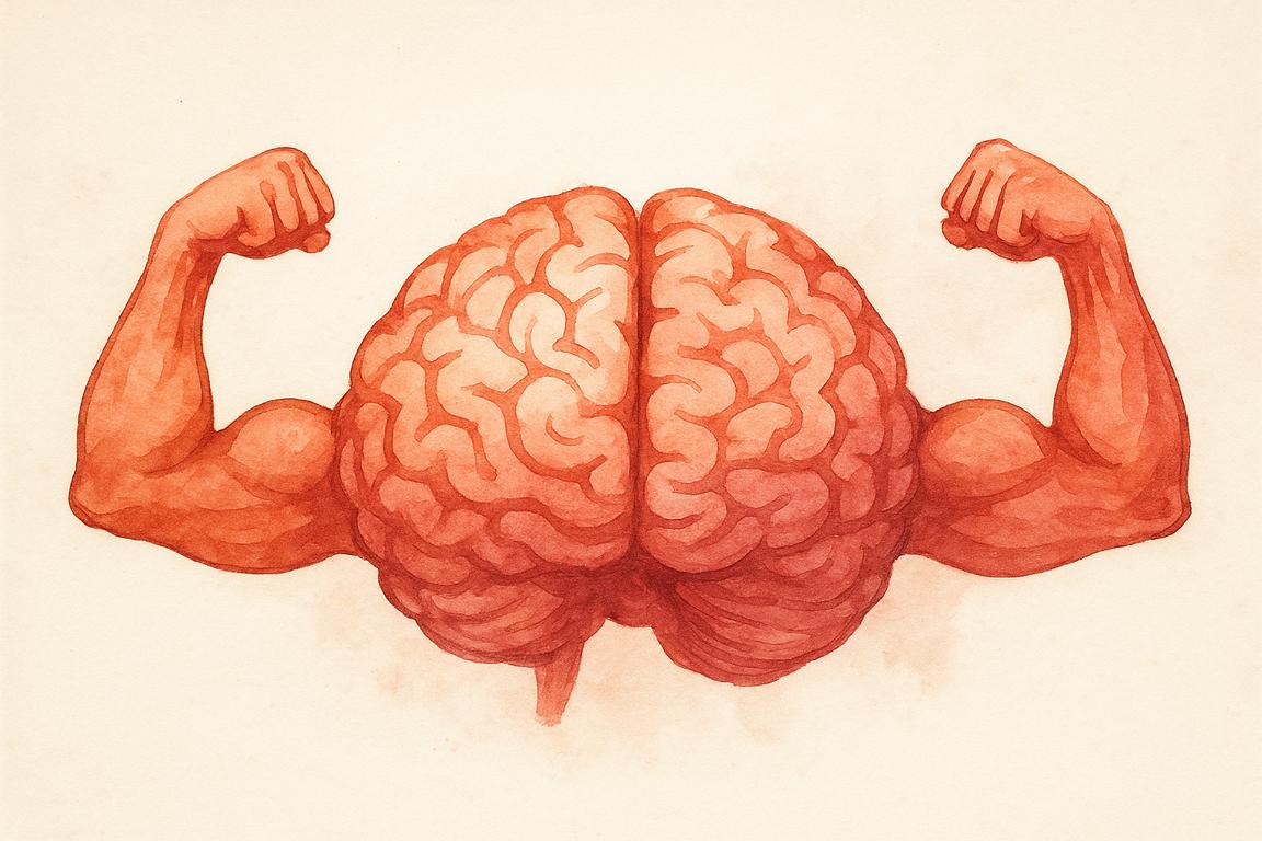 Stärken bei Autismus. Aquarellgemälde eines Gehirns mit muskulösen Armen, symbolisiert Kraft, Stärke und Kompetenz