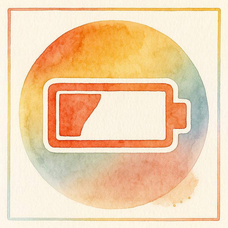 Aquarellillustration im Neurodinge-Stil: fast leerer Akku als Symbol für autistischen Burnout, Erschöpfung und Energieverlust bei Autismus.