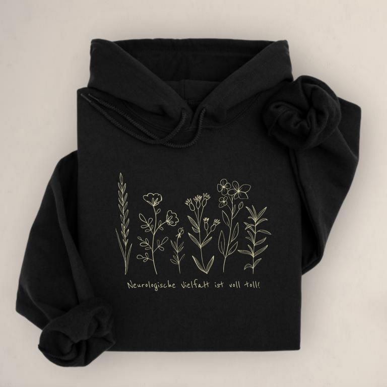 Gemütlicher Unisex aus Baumwolle Hoodie mit floraler Illustration und dem Schriftzug „Neurologische Vielfalt ist voll toll!“ – Statement für neurodivergente Sichtbarkeit.