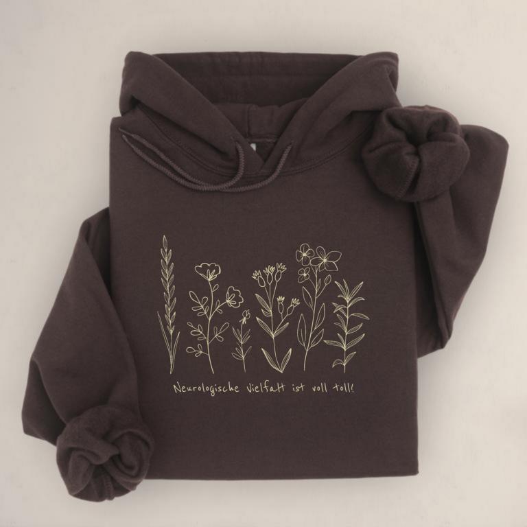 Gemütlicher Unisex aus Baumwolle Hoodie mit floraler Illustration und dem Schriftzug „Neurologische Vielfalt ist voll toll!“ – Statement für neurodivergente Sichtbarkeit.