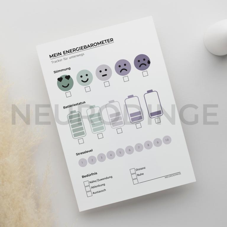 Energiebarometer - Hilfreiches Tooll zum Energemanagement und Stimmungstracking bei Autismus, AuDHD, AuDHS und Co. Sofort Download als hochauflösende PDF.