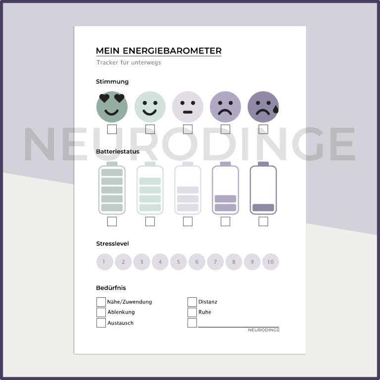 Energiebarometer - Hilfreiches Tooll zum Energemanagement und Stimmungstracking bei Autismus, AuDHD, AuDHS und Co. Sofort Download als hochauflösende PDF.