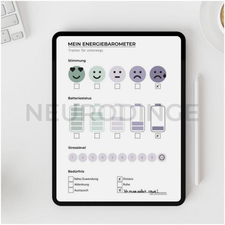 Energiebarometer - Hilfreiches Tooll zum Energemanagement und Stimmungstracking bei Autismus, AuDHD, AuDHS und Co. Sofort Download als hochauflösende PDF.