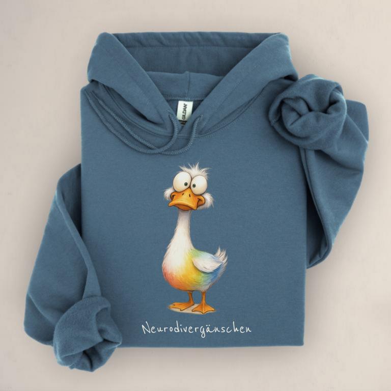 Hoodie mit Gänsemotiv und Aufdruck „Neurodivergänschen“ – humorvolles Statement für Autist:innen, ADHS und neurodivergente Identität.