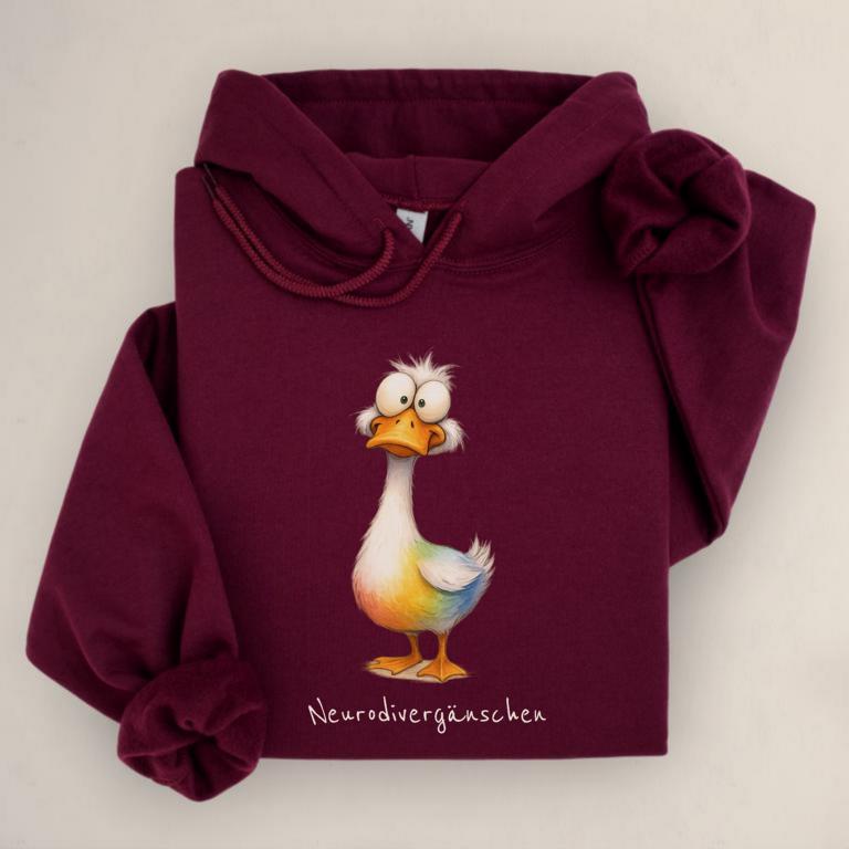 Hoodie mit Gänsemotiv und Aufdruck „Neurodivergänschen“ – humorvolles Statement für Autist:innen, ADHS und neurodivergente Identität.