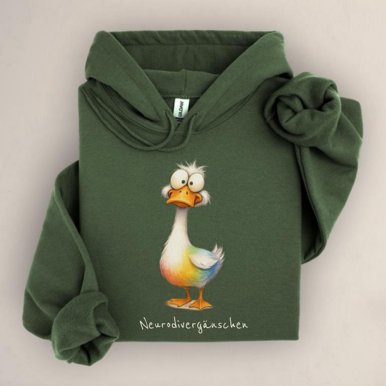 Hoodie mit Gänsemotiv und Aufdruck „Neurodivergänschen“ – humorvolles Statement für Autist:innen, ADHS und neurodivergente Identität.
