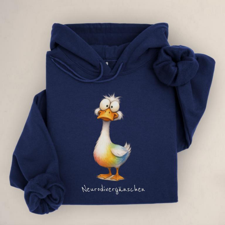 Hoodie mit Gänsemotiv und Aufdruck „Neurodivergänschen“ – humorvolles Statement für Autist:innen, ADHS und neurodivergente Identität.