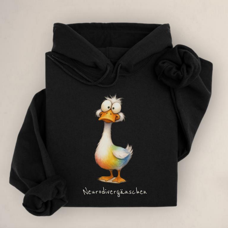 Hoodie mit Gänsemotiv und Aufdruck „Neurodivergänschen“ – humorvolles Statement für Autist:innen, ADHS und neurodivergente Identität.