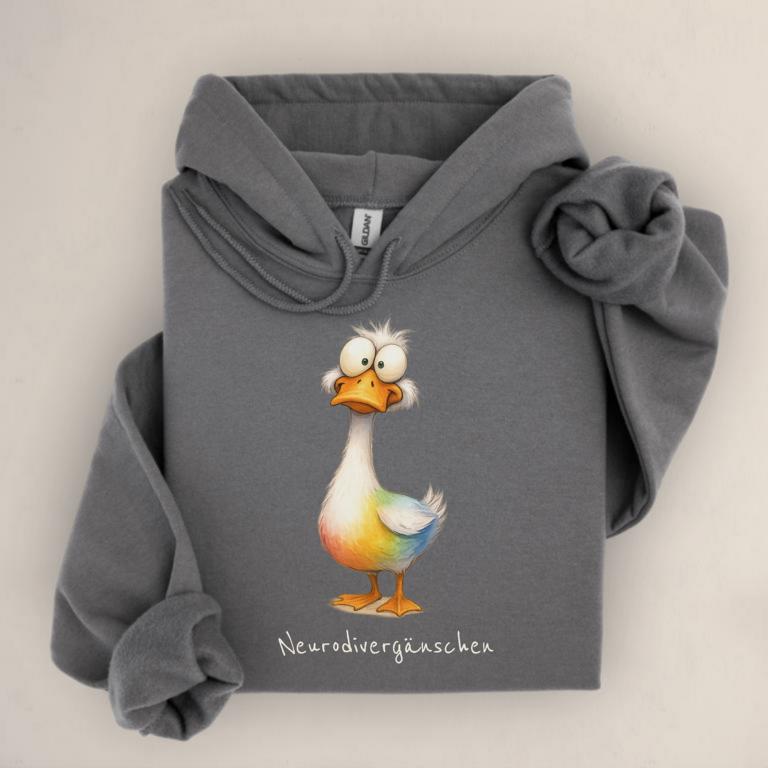 Hoodie mit Gänsemotiv und Aufdruck „Neurodivergänschen“ – humorvolles Statement für Autist:innen, ADHS und neurodivergente Identität.