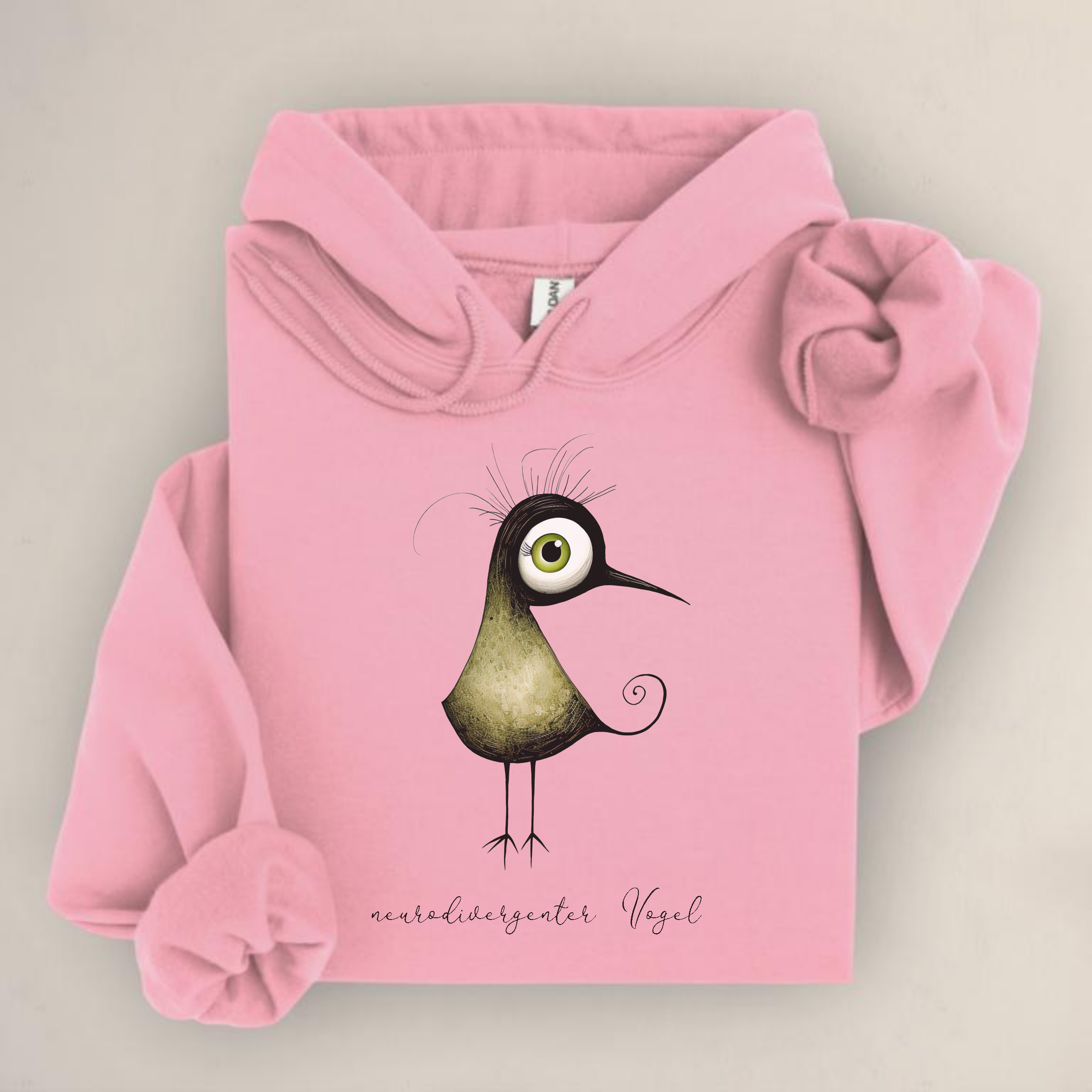 Hoodie mit schrägem Vogelmotiv und Schriftzug „neurodivergenter Vogel“ – ideal für ADHS, Autismus oder neuroaffirmative Mode.