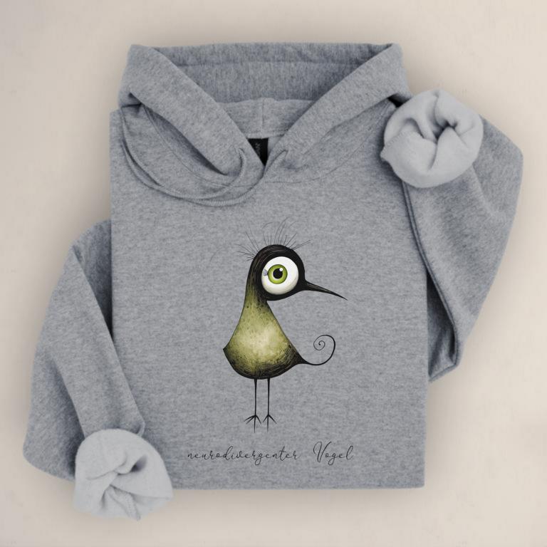 Hoodie mit schrägem Vogelmotiv und Schriftzug „neurodivergenter Vogel“ – ideal für ADHS, Autismus oder neuroaffirmative Mode.