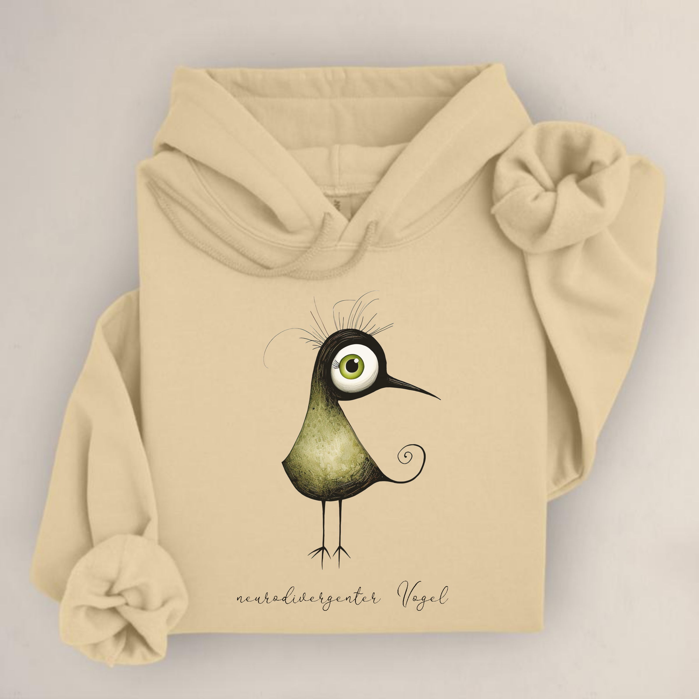 Hoodie mit schrägem Vogelmotiv und Schriftzug „neurodivergenter Vogel“ – ideal für ADHS, Autismus oder neuroaffirmative Mode.