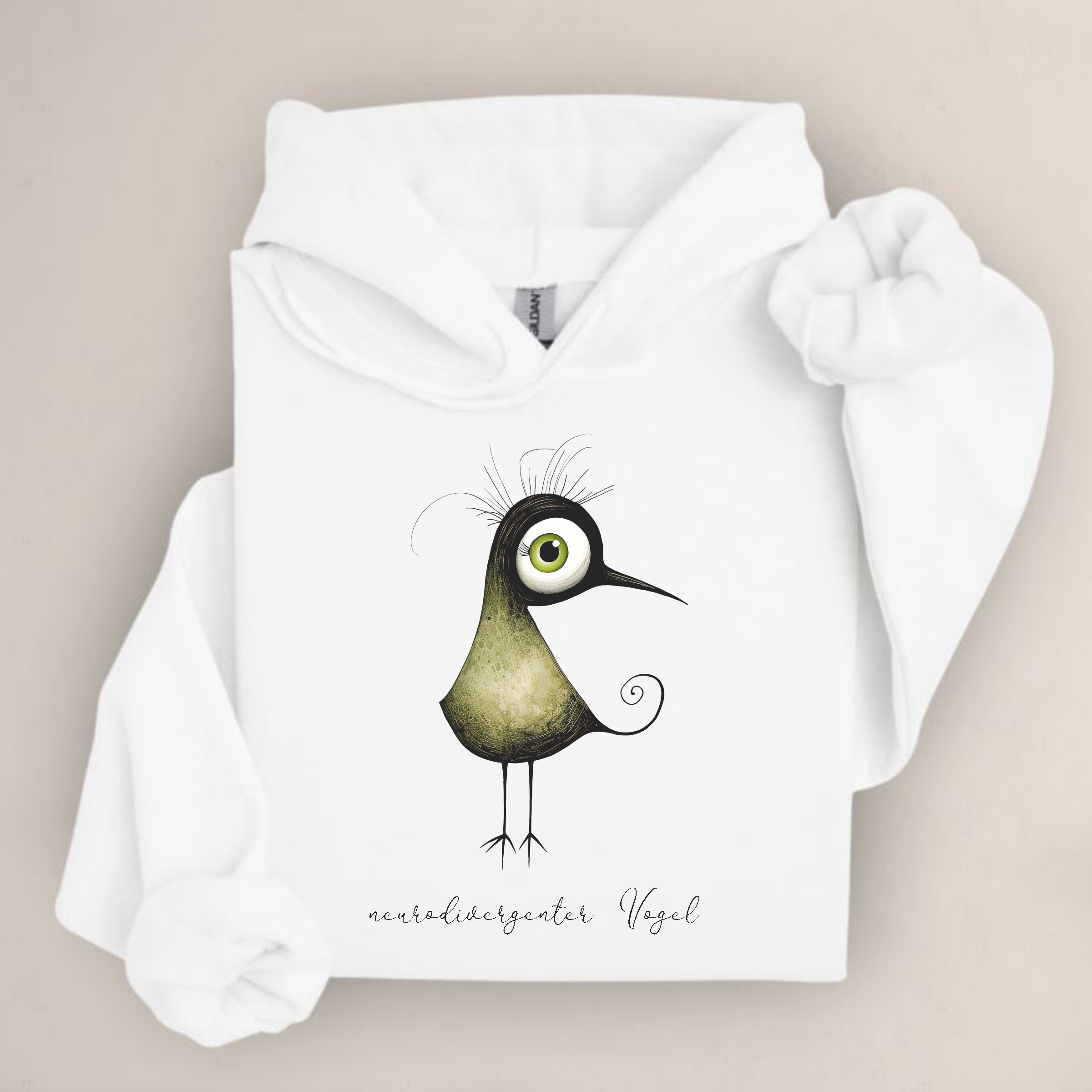 Hoodie mit schrägem Vogelmotiv und Schriftzug „neurodivergenter Vogel“ – ideal für ADHS, Autismus oder neuroaffirmative Mode.